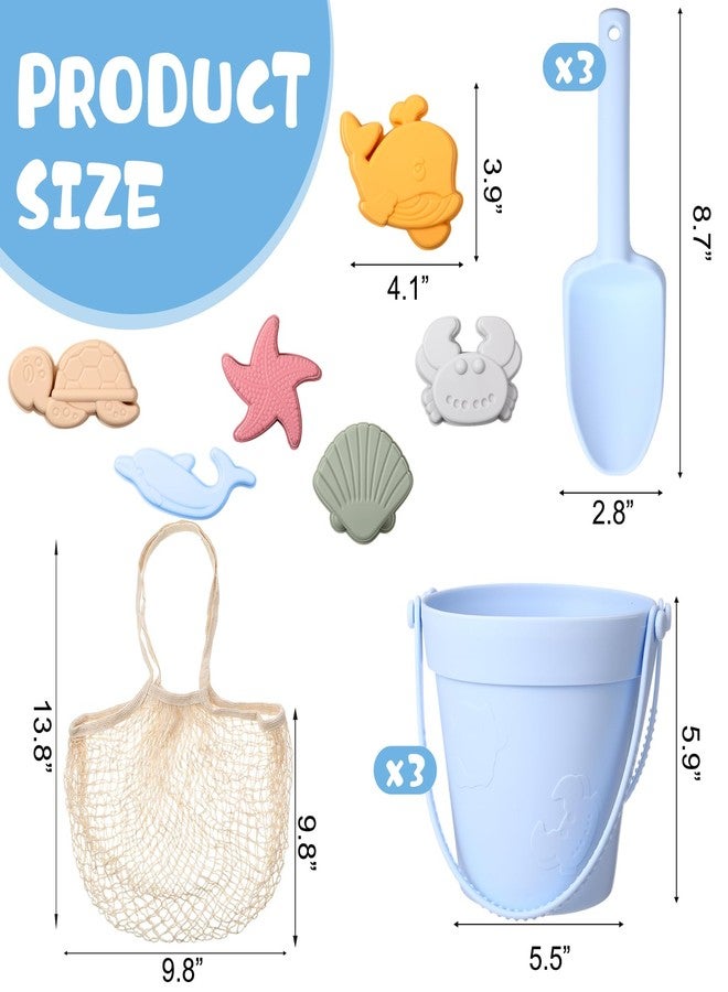 Hungdao 13 Pcs Silicone Beach Toys Travel Beach Set Sand Toys Including 3 Silicone Buckets 3 Shovels 6 Sea Creature Sand Molds 1 Bag for Kids Boys Girls Summer Pool Outdoor Bath(Green Gray Blue) - Image 2