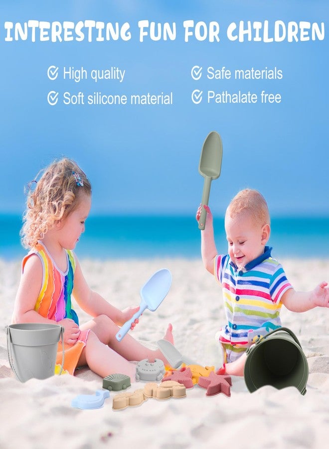 Hungdao 13 Pcs Silicone Beach Toys Travel Beach Set Sand Toys Including 3 Silicone Buckets 3 Shovels 6 Sea Creature Sand Molds 1 Bag for Kids Boys Girls Summer Pool Outdoor Bath(Green Gray Blue) - Image 3