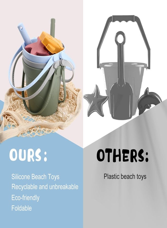 Hungdao 13 Pcs Silicone Beach Toys Travel Beach Set Sand Toys Including 3 Silicone Buckets 3 Shovels 6 Sea Creature Sand Molds 1 Bag for Kids Boys Girls Summer Pool Outdoor Bath(Green Gray Blue) - Image 5