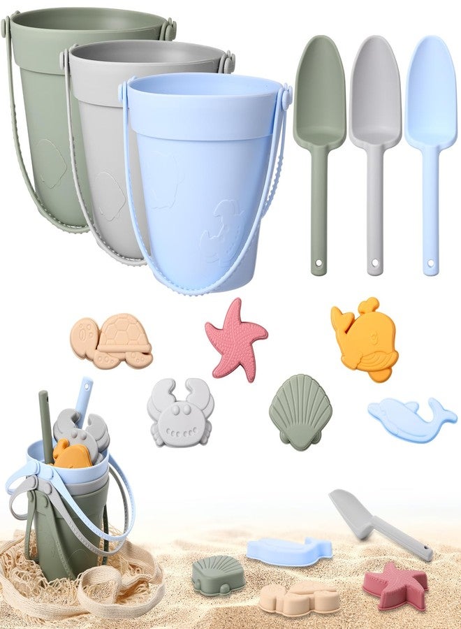 Hungdao 13 Pcs Silicone Beach Toys Travel Beach Set Sand Toys Including 3 Silicone Buckets 3 Shovels 6 Sea Creature Sand Molds 1 Bag for Kids Boys Girls Summer Pool Outdoor Bath(Green Gray Blue) - Image 1