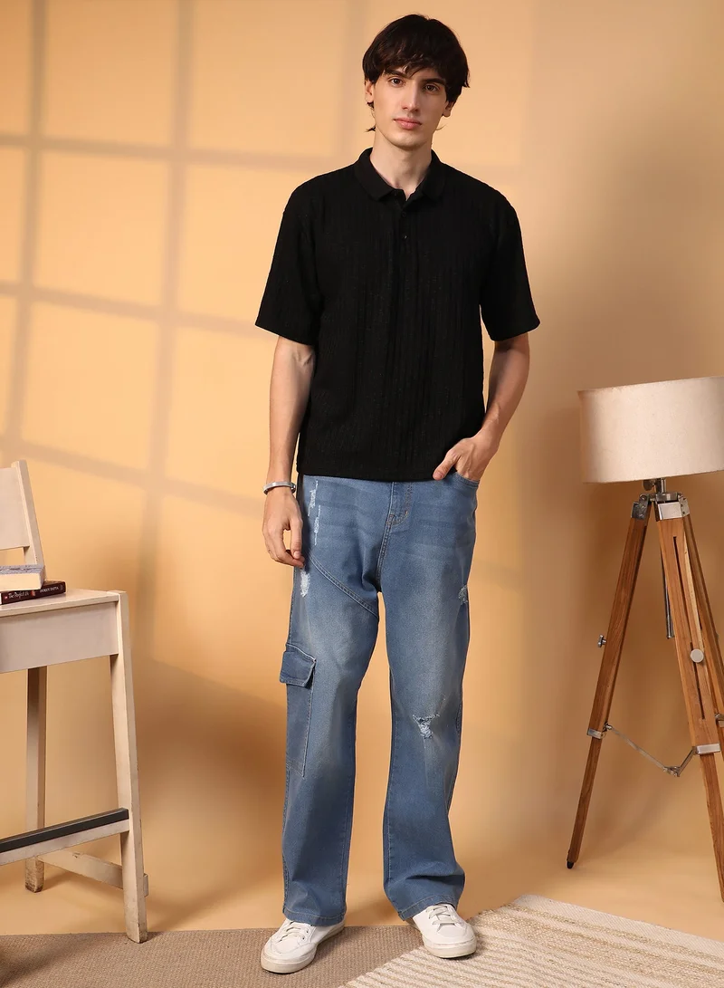 CAHOOT  Men's Onyx Black Striped Oversized Polo T-Shirt For Casual Wear | Polo Neck | Short Sleeve | Half-Button Closure | T-Shirt Crafted With Comfort Fit For Everyday Wear for Men | Best Price UAE