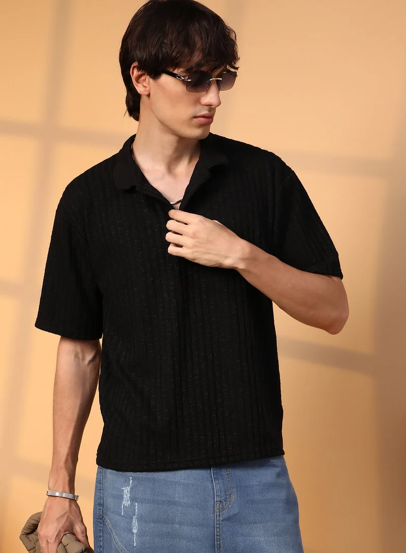 Men's Onyx Black Striped Oversized Polo T-Shirt For Casual Wear | Polo Neck | Short Sleeve | Half-Button Closure | T-Shirt Crafted With Comfort Fit For Everyday Wear