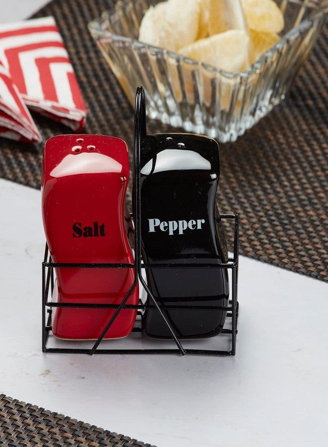 Kookee Ceramic Salt and Pepper Shakers Set with Tray – Elegant Namak Dani, Spice Sprinkler & Dispenser for Dining Table, Kitchen & Restaurant Use, Red/Black (8533) - Image 1