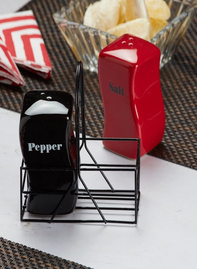 Kookee Ceramic Salt and Pepper Shakers Set with Tray – Elegant Namak Dani, Spice Sprinkler & Dispenser for Dining Table, Kitchen & Restaurant Use, Red/Black (8533) - Image 3