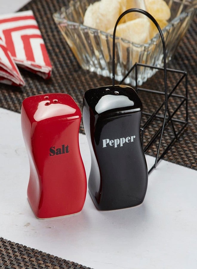 Kookee Ceramic Salt and Pepper Shakers Set with Tray – Elegant Namak Dani, Spice Sprinkler & Dispenser for Dining Table, Kitchen & Restaurant Use, Red/Black (8533) - Image 2