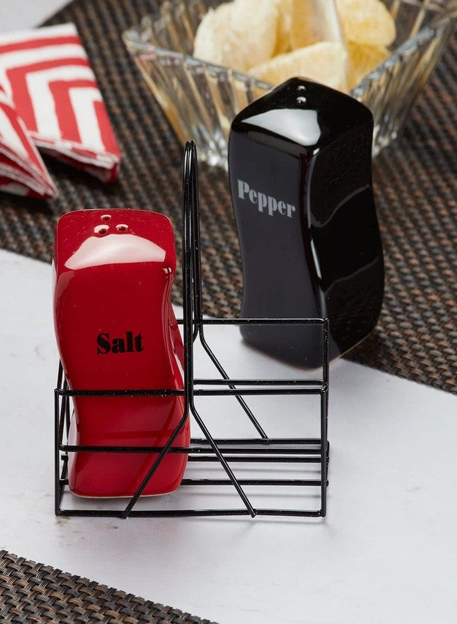 Kookee Ceramic Salt and Pepper Shakers Set with Tray – Elegant Namak Dani, Spice Sprinkler & Dispenser for Dining Table, Kitchen & Restaurant Use, Red/Black (8533) - Image 4