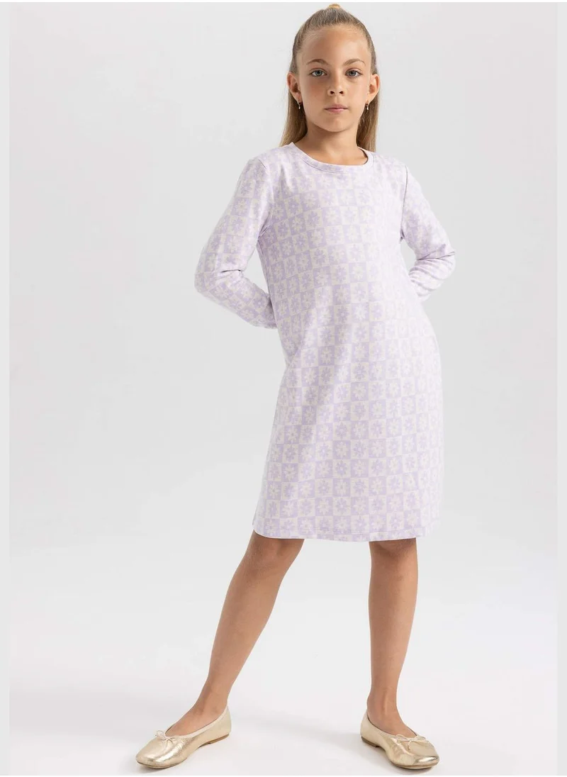 DeFacto Crew Neck Long Sleeve Flower Print Mini Dress