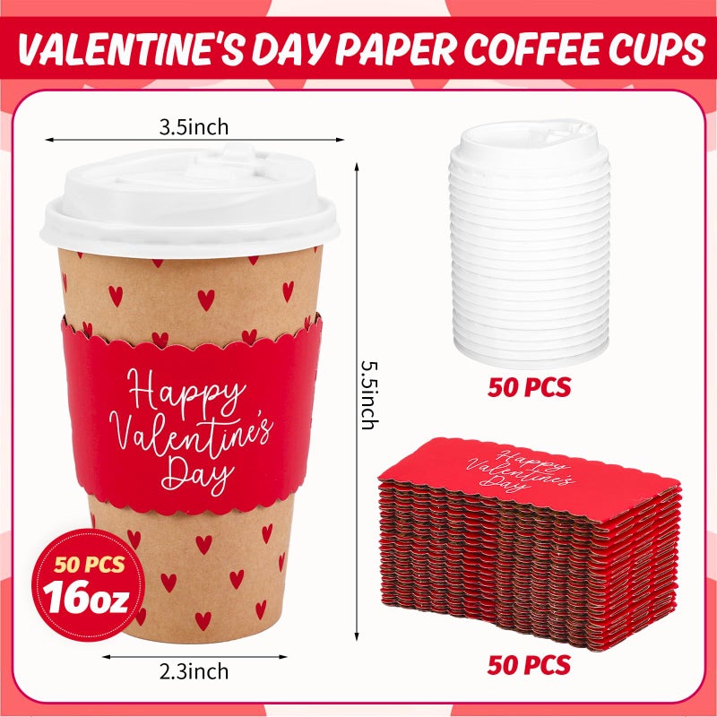 Whaline 50Pcs 16Oz Happy Valentine' s Day Disposable Coffee Cups with Lids and Sleeves Red Mini Heart Kraft Paper Drinking Cup for Wedding Anniversary Mother' s Day Party Supplies - Image 2