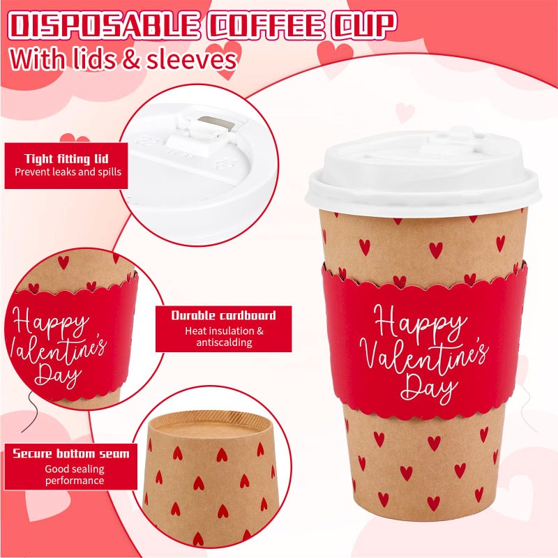 Whaline 50Pcs 16Oz Happy Valentine' s Day Disposable Coffee Cups with Lids and Sleeves Red Mini Heart Kraft Paper Drinking Cup for Wedding Anniversary Mother' s Day Party Supplies - Image 3