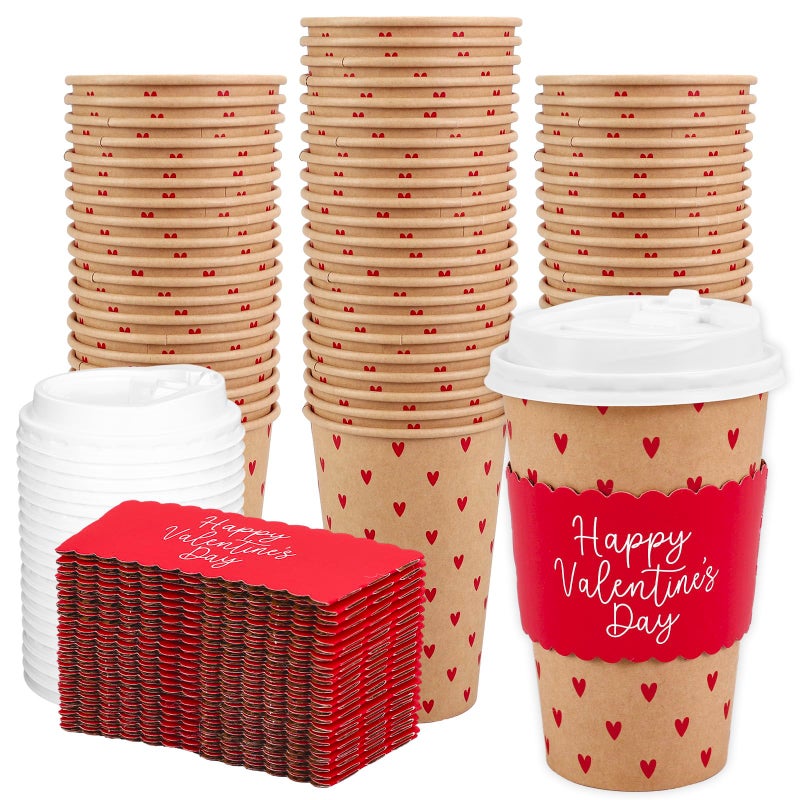 Whaline 50Pcs 16Oz Happy Valentine' s Day Disposable Coffee Cups with Lids and Sleeves Red Mini Heart Kraft Paper Drinking Cup for Wedding Anniversary Mother' s Day Party Supplies - Image 1