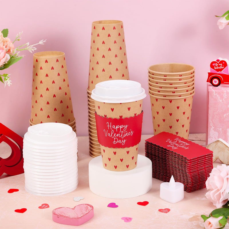 Whaline 50Pcs 16Oz Happy Valentine' s Day Disposable Coffee Cups with Lids and Sleeves Red Mini Heart Kraft Paper Drinking Cup for Wedding Anniversary Mother' s Day Party Supplies - Image 4