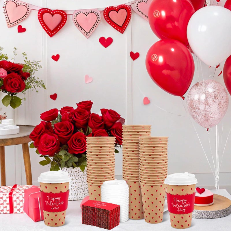 Whaline 50Pcs 16Oz Happy Valentine' s Day Disposable Coffee Cups with Lids and Sleeves Red Mini Heart Kraft Paper Drinking Cup for Wedding Anniversary Mother' s Day Party Supplies - Image 5