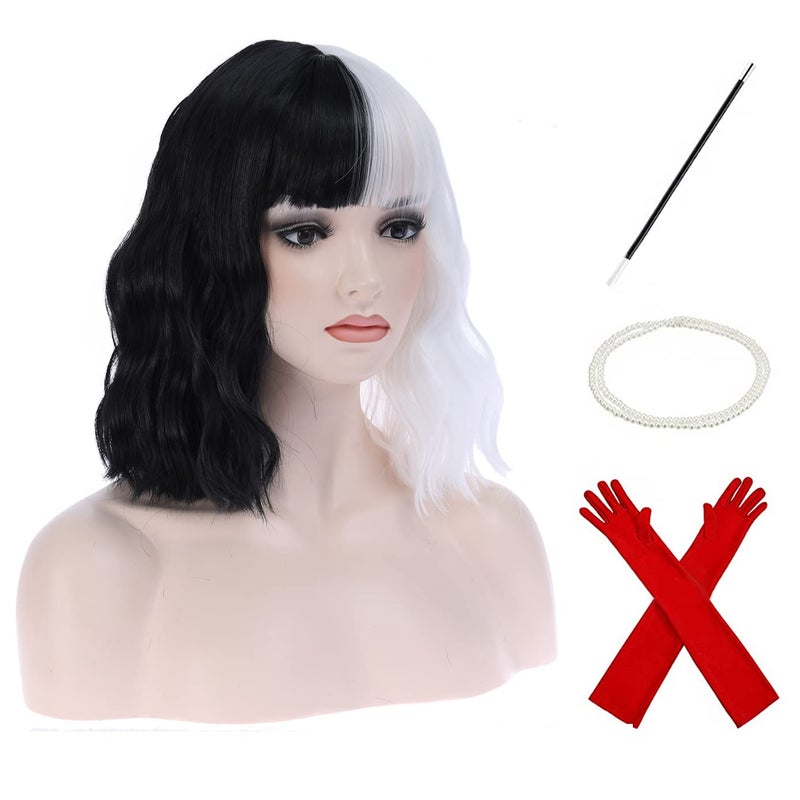 BERON Black and White Short Wigs Curly Bob Wig with Bangs Wavy Hair Wigs Half and Half Womens Synthetic Wigs Daily Party Use