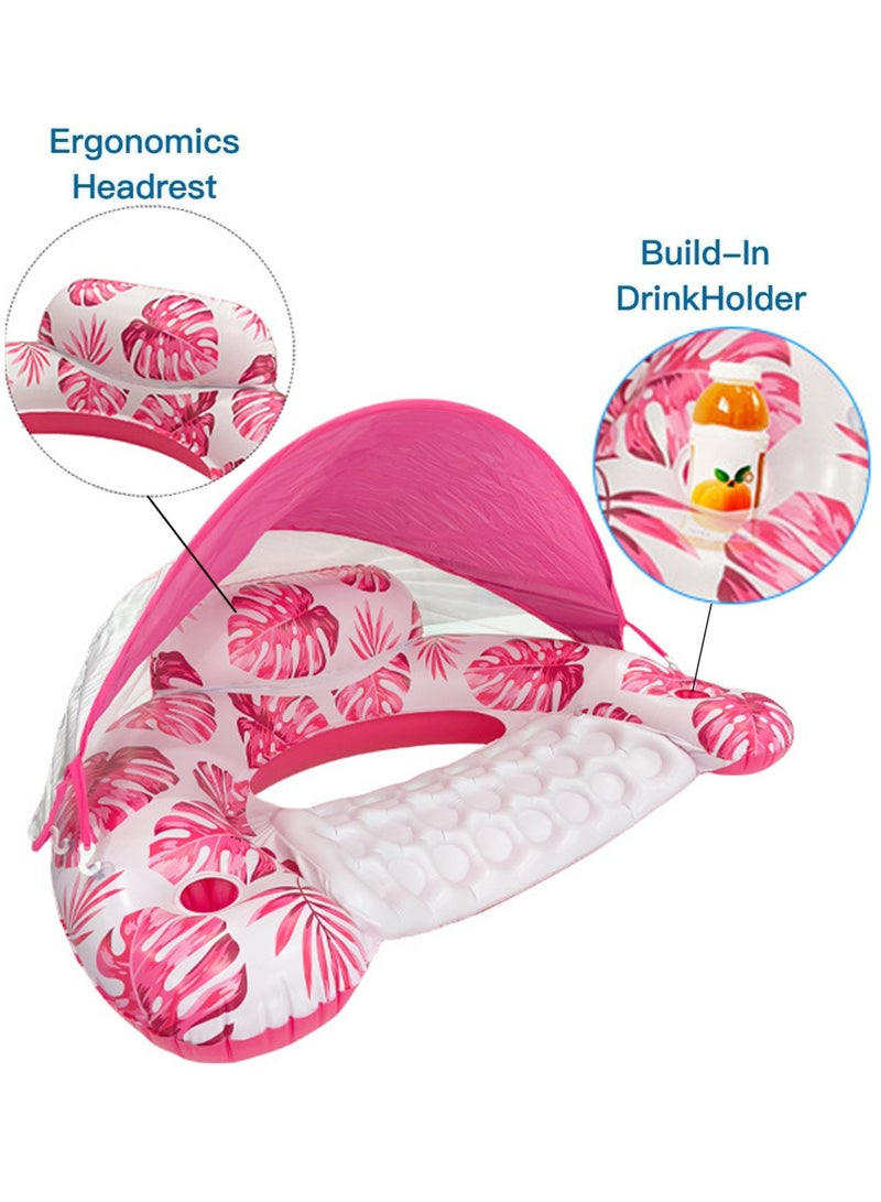 VUCATIN Inflatable Pool Float with Canopy Raft Floaties Water Floating Chair Pool Chair Lounge Float with Adjustable Sun Shade Cover 2 Cup Holder Ergonomic Headrest Inflatable Pool Float for Adults (Pink) - Image 3