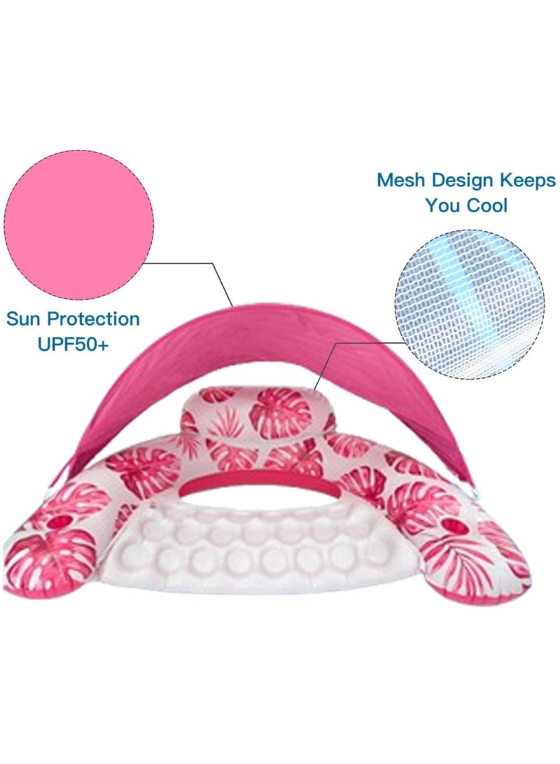 VUCATIN Inflatable Pool Float with Canopy Raft Floaties Water Floating Chair Pool Chair Lounge Float with Adjustable Sun Shade Cover 2 Cup Holder Ergonomic Headrest Inflatable Pool Float for Adults (Pink) - Image 4