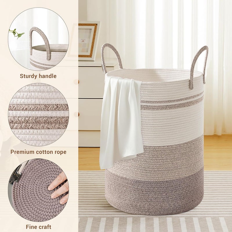 SunNewt Tall Laundry Basket with Handles, 72L Portable Dirty Clothes Hamper, Boho Cotton Rope Storage Bin for Blankets Kids Toys Gifts, Large Organizer for Baby Nursery Bedroom Bathroom, Brown Striped - Image 3