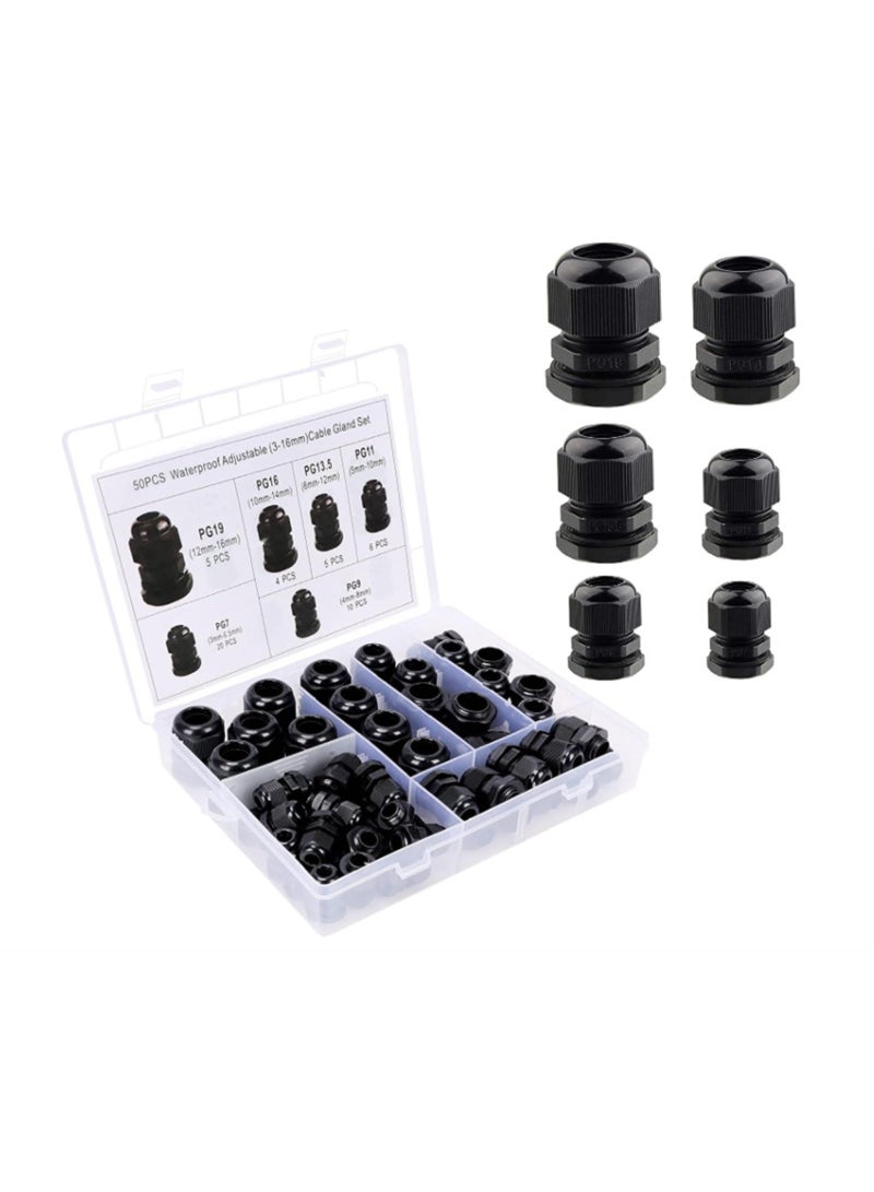 50pcs Cord Grip Cable Glands Kit for Electrical Box Waterproofing Nylon Strain Relief 1/4” 3/8” 1/2” 3/4” 1” 1-1/4” Junction case Connector Black With Gaskets - Image 1