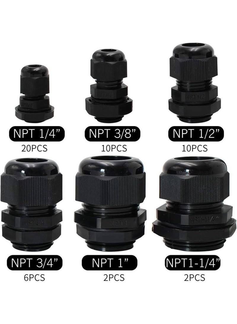 50pcs Cord Grip Cable Glands Kit for Electrical Box Waterproofing Nylon Strain Relief 1/4” 3/8” 1/2” 3/4” 1” 1-1/4” Junction case Connector Black With Gaskets - Image 2