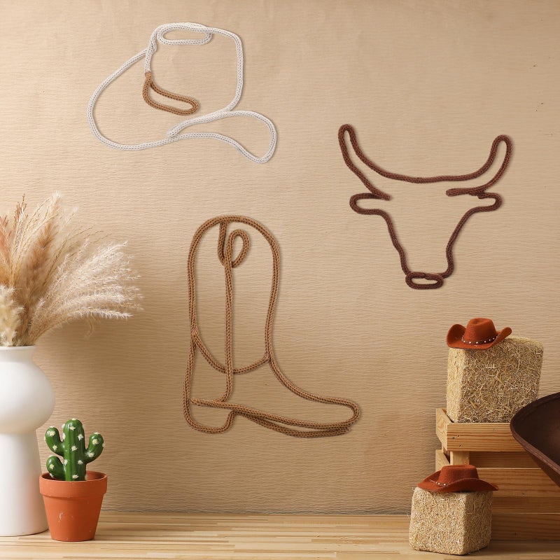 RattanView 3 Pcs Western Wall Decor Boho Nursery Room Decor Cowboy Boots Cowboy Hat Classroom Decorations Howdy Sign 3 Size Woven Macrame Decoration Cow Skull for Home Nursery Bedroom Living Room - Image 3