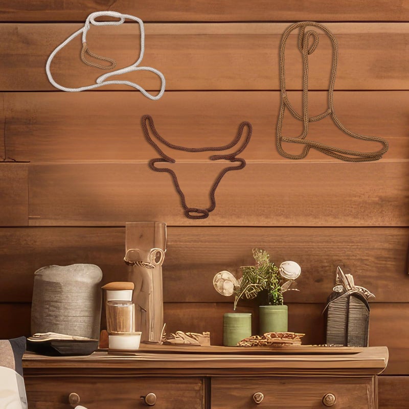 RattanView 3 Pcs Western Wall Decor Boho Nursery Room Decor Cowboy Boots Cowboy Hat Classroom Decorations Howdy Sign 3 Size Woven Macrame Decoration Cow Skull for Home Nursery Bedroom Living Room - Image 4