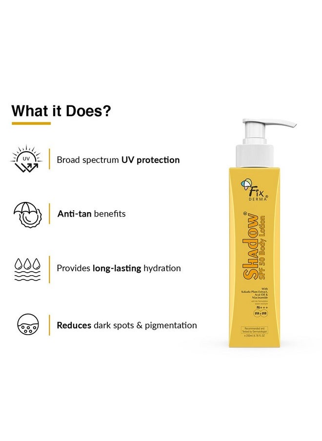 FIXDERMA Shadow Sunscreen Body Lotion With Spf 50 Pa+++ 2% Niacinamide Body Lotion Body Sunscreen Prevents Sun Tan Uva & Uvb Protection With No White Cast Body Lotion For Women & Men 200 Ml  - Image 3