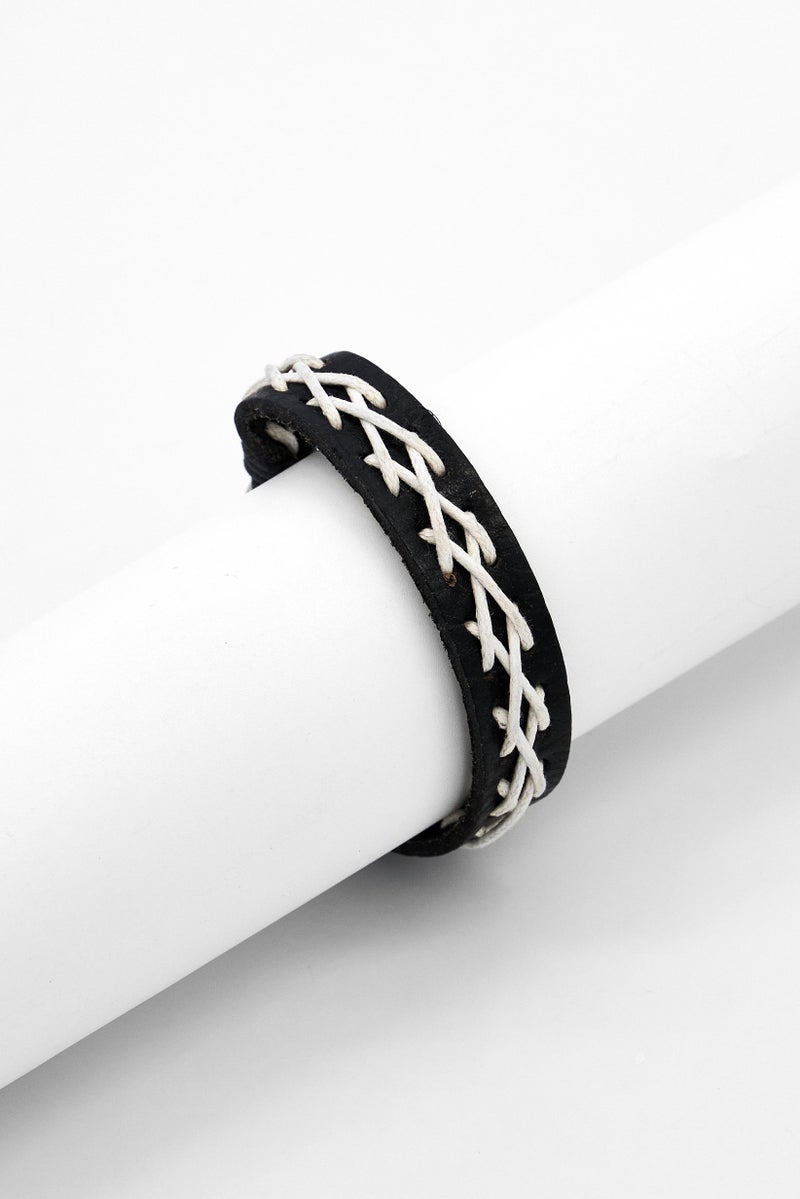 Steeltime Men Leather String Bracelet, Black - Image 1