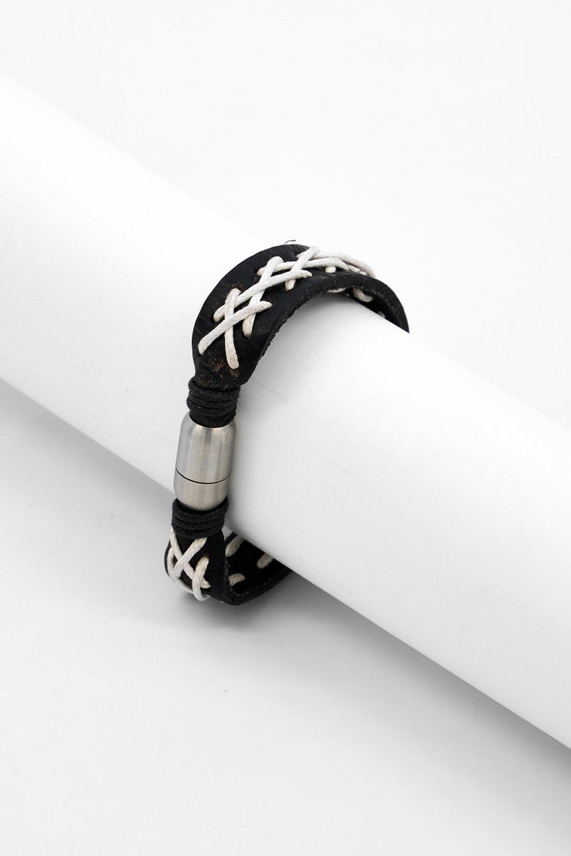 Steeltime Men Leather String Bracelet, Black - Image 2