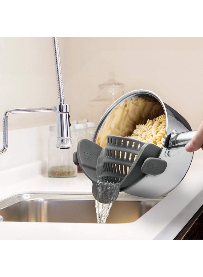 Strain Strainer,Kitchen Flexible Food Colander Durable Safe for Draining Spaghetti,Clip On Silicone Strainer,Spaghetti, Noodle, Ground Beef Fits Most Pots, Pans, and Bowls (Gray)  - Image 1