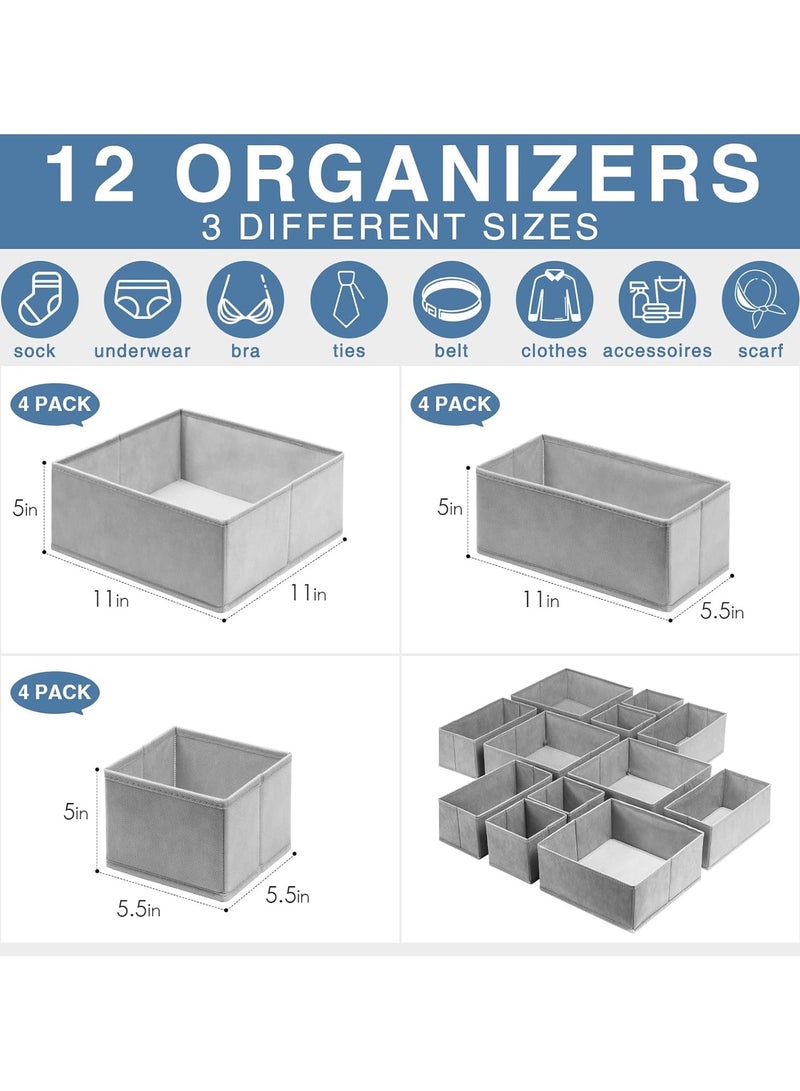 Hihonor Drawer Organizer for Clothing, 12 Pack Sock Underwear Drawer Organizer Bins, Foldable Fabric Closet Organizers and Storage, Dresser Drawer Dividers for Baby Clothes, Bra, Scarves, Belt, Tie  - Image 4