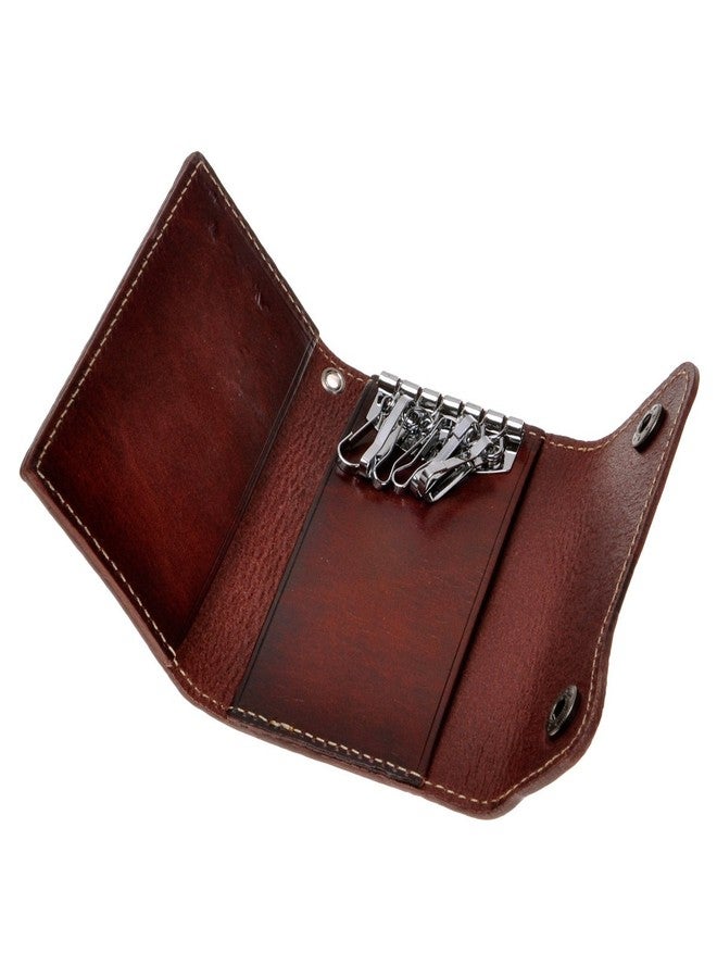 ZLYC محفظة مفاتيح من الجلد الطبيعي من ZLYC، مزودة بحلقة مفاتيح وإغلاق بزر بستة خطافات وحامل بطاقات، لون بني داكن - Image 4