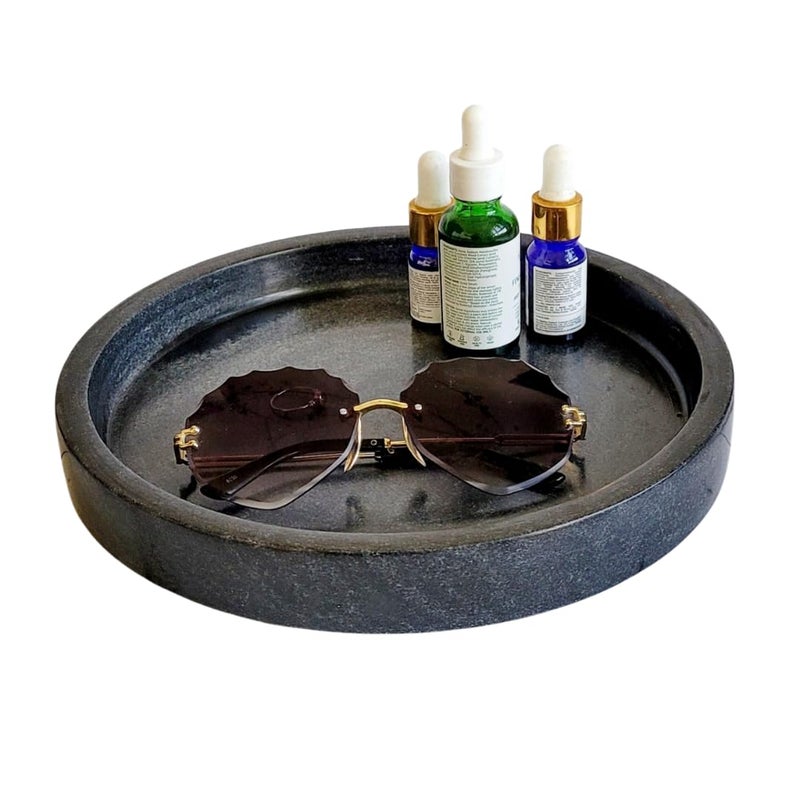 RM Marble Tray Black Designer Edges Marble Tray for Pooja Bathroom Counter Top Living Room Kitchen Serving Dining Table Jewellery Candle Perfume Cosmetic Organizer Vanity Platter - Image 1