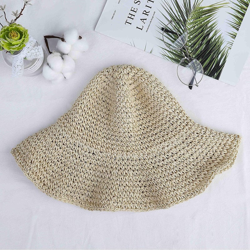 Boolavard Women Straw Hat Wide Brim Beach Sun Cap Foldable Large Lady Floppy 100% Natural Paper Braided for Travel Decoration Summer Vacation Soft Lightweight and Breathable (Beige) - Image 2