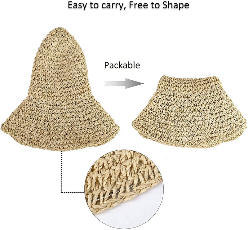 Boolavard Women Straw Hat Wide Brim Beach Sun Cap Foldable Large Lady Floppy 100% Natural Paper Braided for Travel Decoration Summer Vacation Soft Lightweight and Breathable (Beige) - Image 3