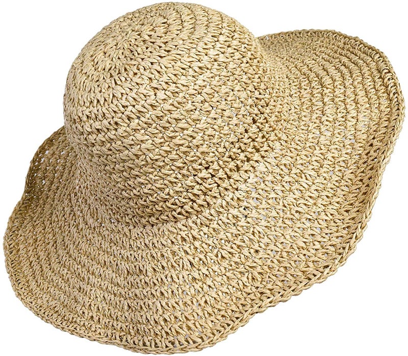 Boolavard Women Straw Hat Wide Brim Beach Sun Cap Foldable Large Lady Floppy 100% Natural Paper Braided for Travel Decoration Summer Vacation Soft Lightweight and Breathable (Beige) - Image 1