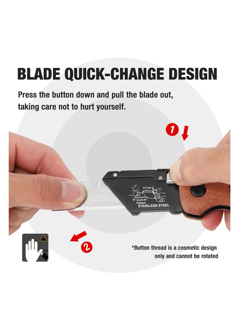 Folding Utility Knife with Stainless Steel Head Quick-change Blade  Back Lock Wood Handle Heavy Duty Box Cutter 1PC Razor Knife with Extra 10PC SK5 Blades - Image 4