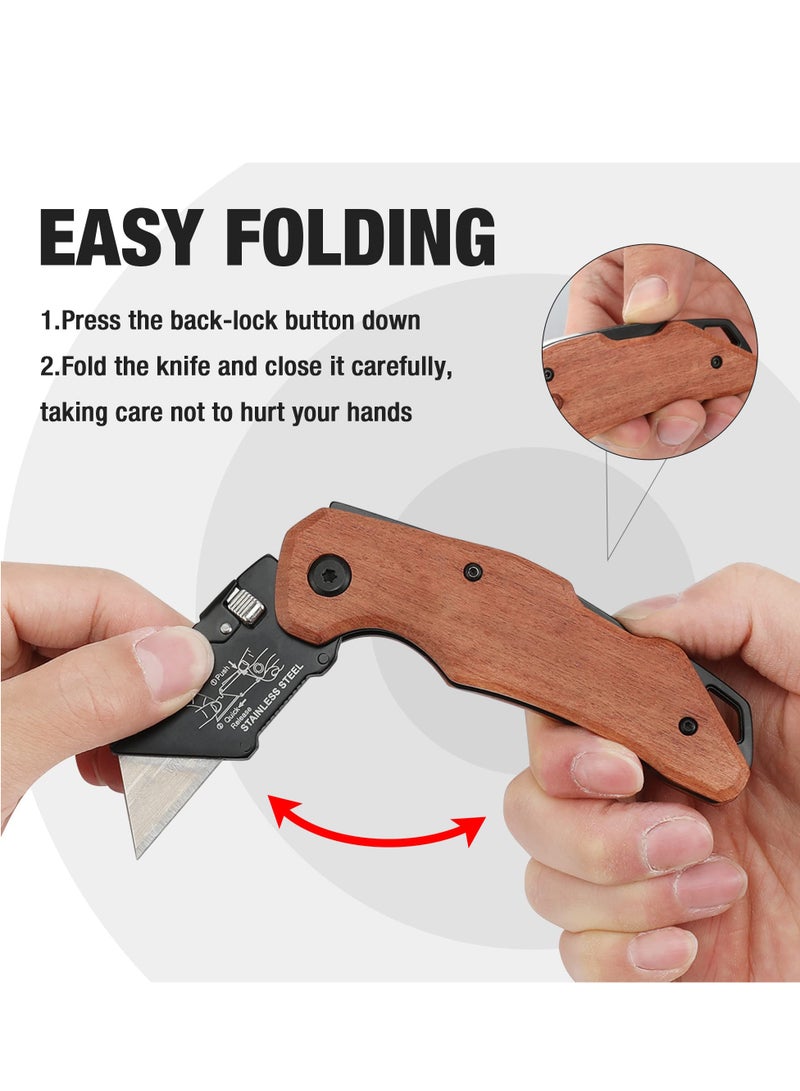 Folding Utility Knife with Stainless Steel Head Quick-change Blade  Back Lock Wood Handle Heavy Duty Box Cutter 1PC Razor Knife with Extra 10PC SK5 Blades - Image 3