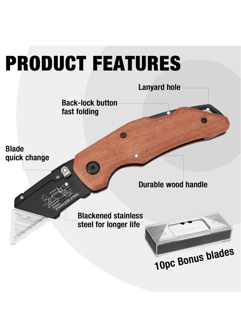 Folding Utility Knife with Stainless Steel Head Quick-change Blade  Back Lock Wood Handle Heavy Duty Box Cutter 1PC Razor Knife with Extra 10PC SK5 Blades - Image 2