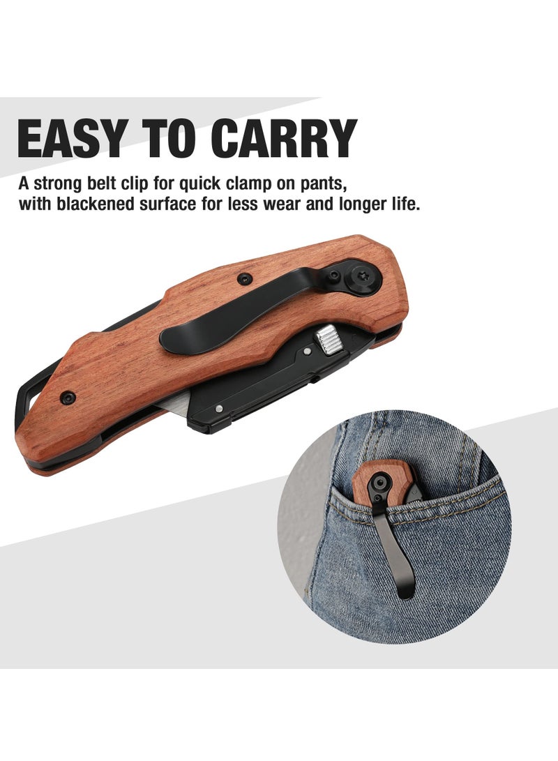Folding Utility Knife with Stainless Steel Head Quick-change Blade  Back Lock Wood Handle Heavy Duty Box Cutter 1PC Razor Knife with Extra 10PC SK5 Blades - Image 5