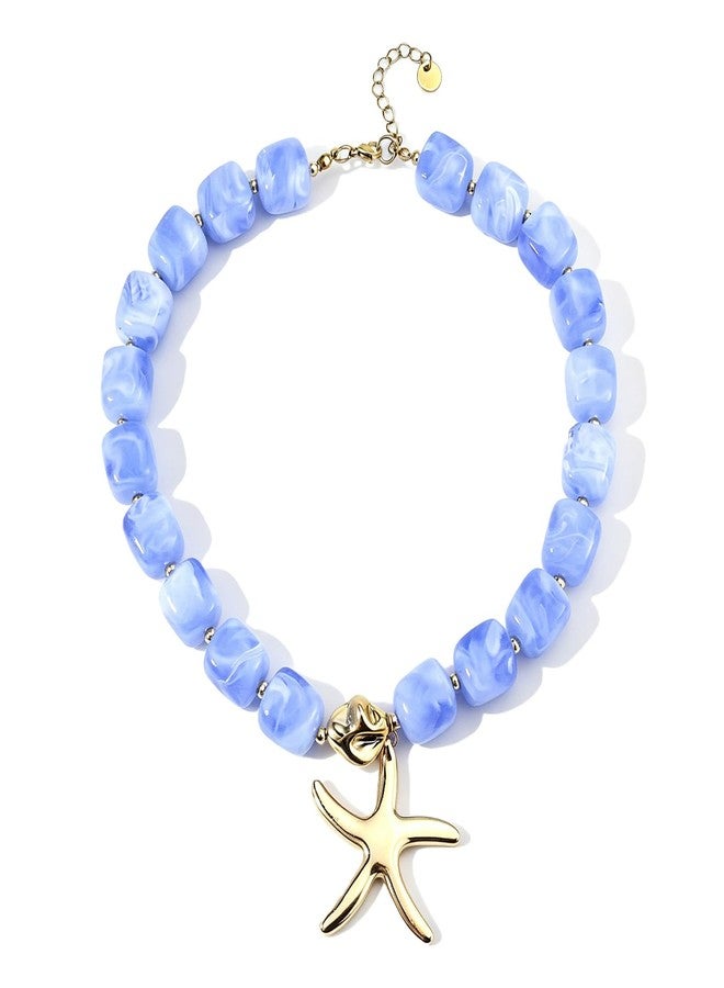 Hremhoo Blue Chunky Beaded Necklaces for Women Light Blue Resin Beads Choker Necklace Gold Starfish Pendant Beaded Chokers Necklaces Trendy Boho Summer Beach Jewelry Gift - Image 1