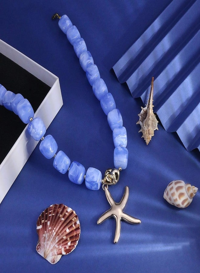 Hremhoo Blue Chunky Beaded Necklaces for Women Light Blue Resin Beads Choker Necklace Gold Starfish Pendant Beaded Chokers Necklaces Trendy Boho Summer Beach Jewelry Gift - Image 2