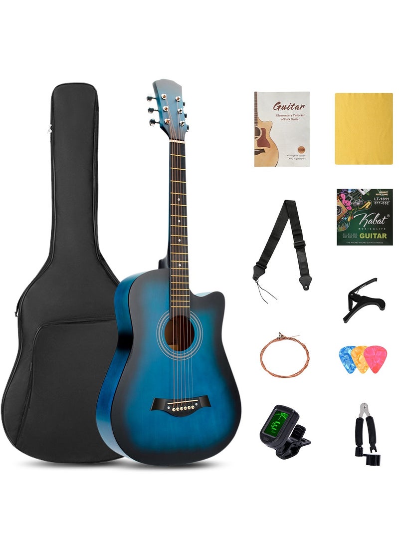 ShineDown ShineDown 38 inch Acoustic Guitar Blue in Full Size For Beginner All Wood Cutaway Starter Set with Free Bag Capo A Pack of Extra Strings Picks Strap  - Image 1