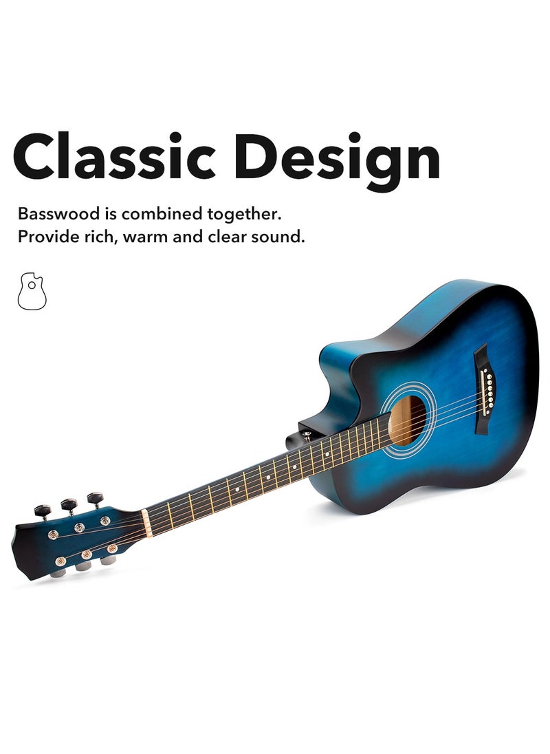 ShineDown ShineDown 38 inch Acoustic Guitar Blue in Full Size For Beginner All Wood Cutaway Starter Set with Free Bag Capo A Pack of Extra Strings Picks Strap  - Image 3