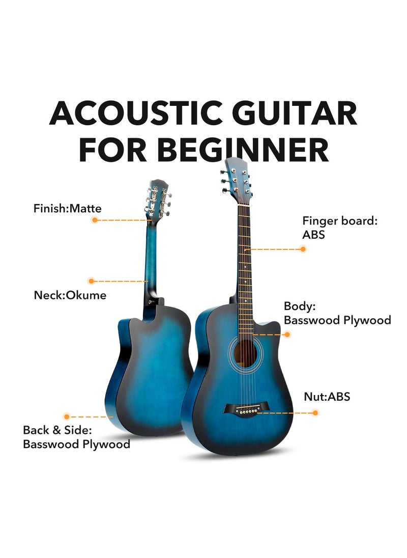 ShineDown ShineDown 38 inch Acoustic Guitar Blue in Full Size For Beginner All Wood Cutaway Starter Set with Free Bag Capo A Pack of Extra Strings Picks Strap  - Image 4