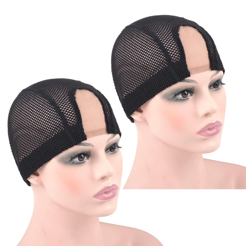 2 Pcs 14X3 Inch U Part Wig Cap for Making Wig Lace Wig Cap Dome Mesh Stretch Weaving Wig Caps Medium Black
