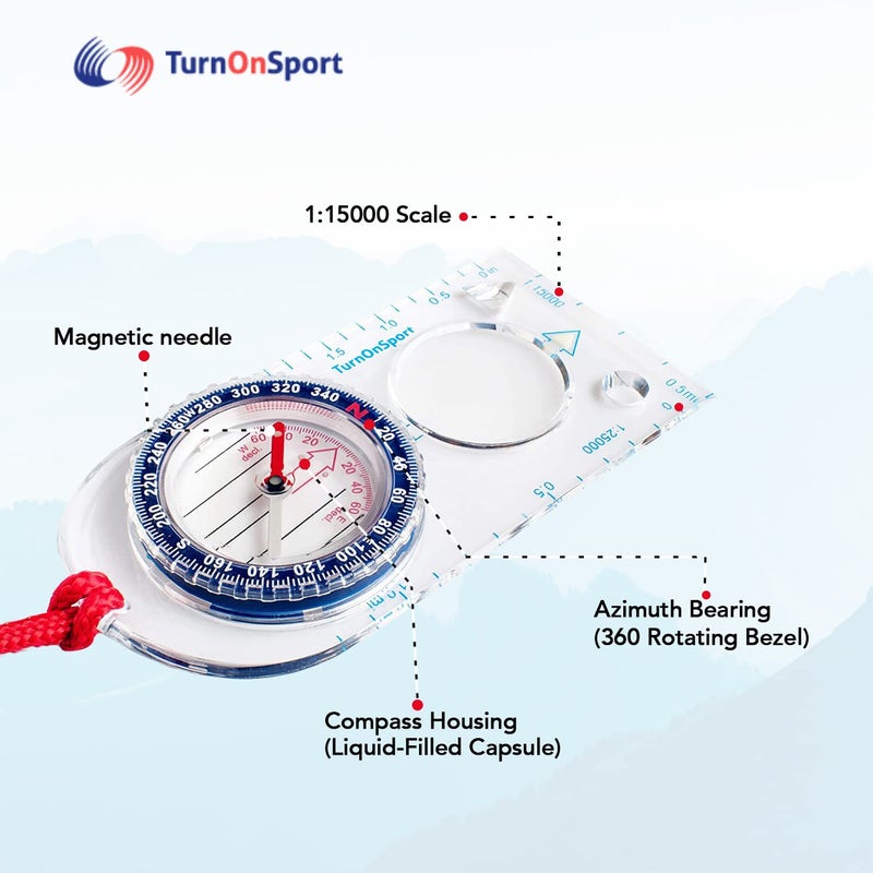 TurnOnSport بوصلة التوجيه - بوصلة للتنزه والتخييم | بوصلة متقدمة للكشافة للتخييم والملاحة | بوصلة للكشافة للأطفال - بوصلات للأطفال لقراءة الخرائط - بوصلة قاعدة للبقاء على قيد الحياة - Image 4