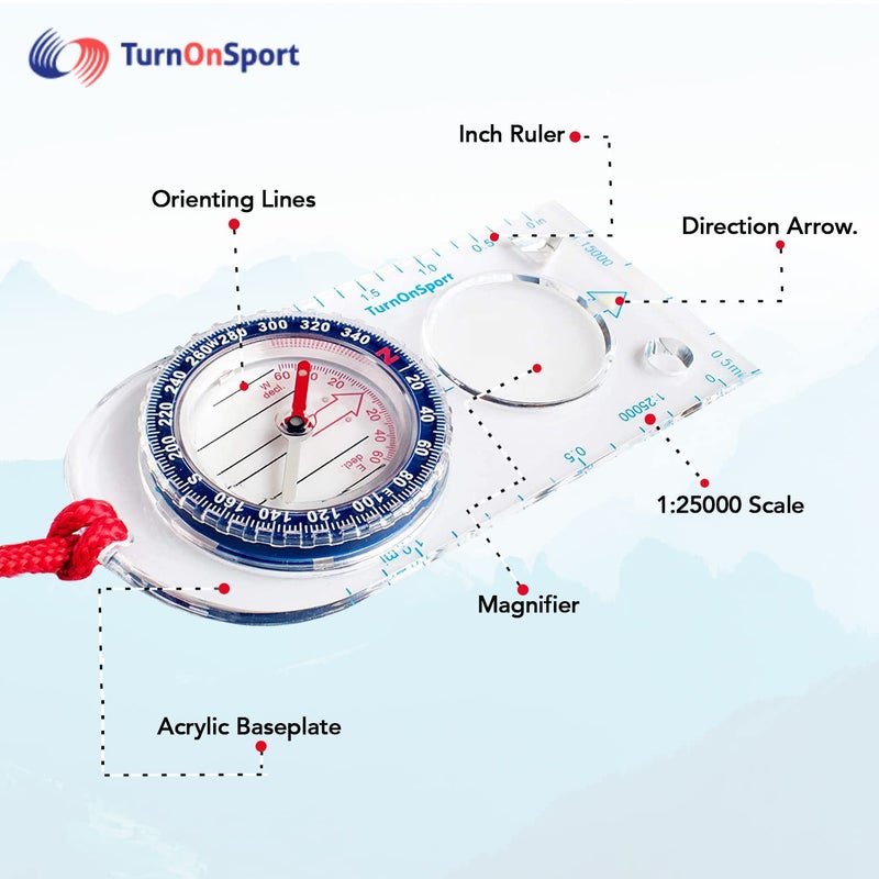 TurnOnSport بوصلة التوجيه - بوصلة للتنزه والتخييم | بوصلة متقدمة للكشافة للتخييم والملاحة | بوصلة للكشافة للأطفال - بوصلات للأطفال لقراءة الخرائط - بوصلة قاعدة للبقاء على قيد الحياة - Image 3