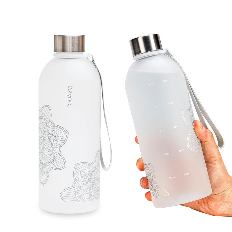 bzyoo 32 OZ 1 Liter Time Marker Water Bottle Frosted Durable Plastic With Strap - Reusable Clear Bottle With Times To Drink Time Markings For Daily Hydration Intake BPA Free (Silver) - Image 1