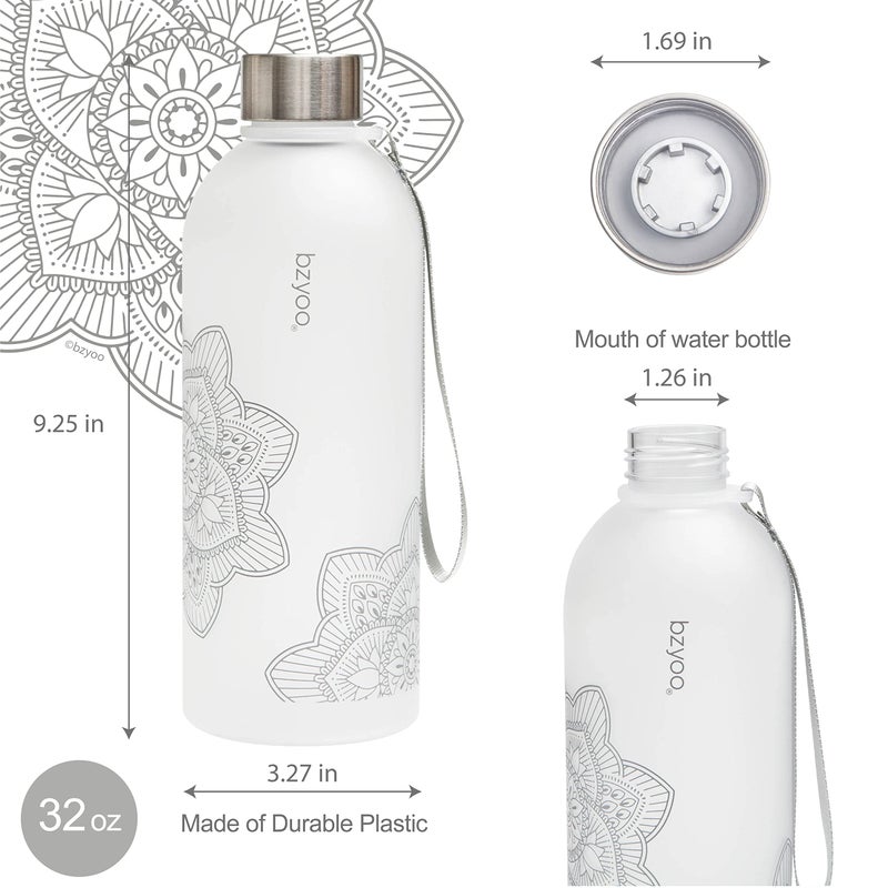 bzyoo 32 OZ 1 Liter Time Marker Water Bottle Frosted Durable Plastic With Strap - Reusable Clear Bottle With Times To Drink Time Markings For Daily Hydration Intake BPA Free (Silver) - Image 2