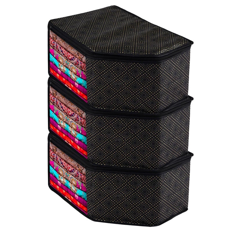 Kuber Industries Kuber Industries Blouse Cover Nonwoven Zipper Closure Wardrobe Organizers Clothes Organizer with Transparent Window GoldenDot Clothes Bag Pack of 3 Black  - Image 1