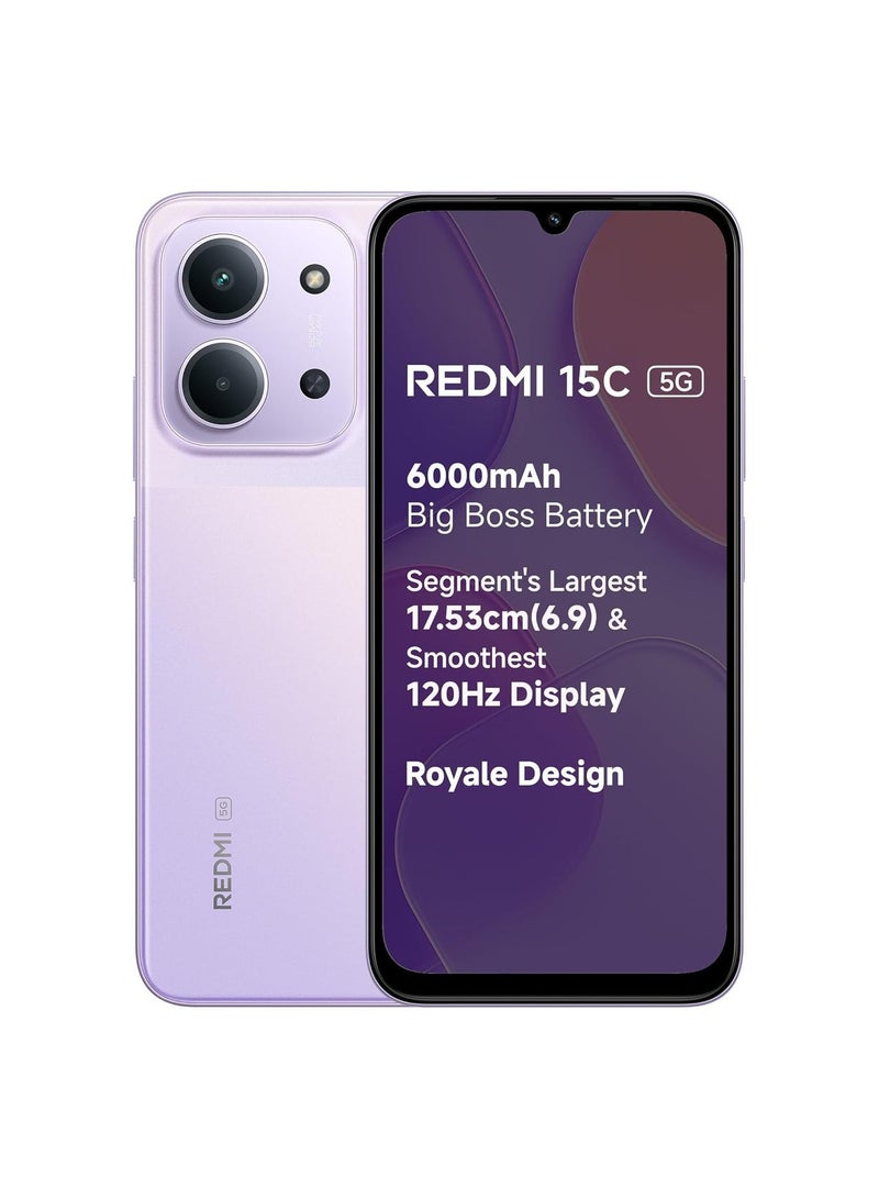 Xiaomi Redmi 15C 5G (Dusk Purple, 8GB RAM, 128GB Storage) | MediaTek Dimensity 6300 5G Processor | 6000mAh Battery with 33W Fast Charging | 50MP AI Dual Camera | 120Hz Display | With Adapter - Image 1